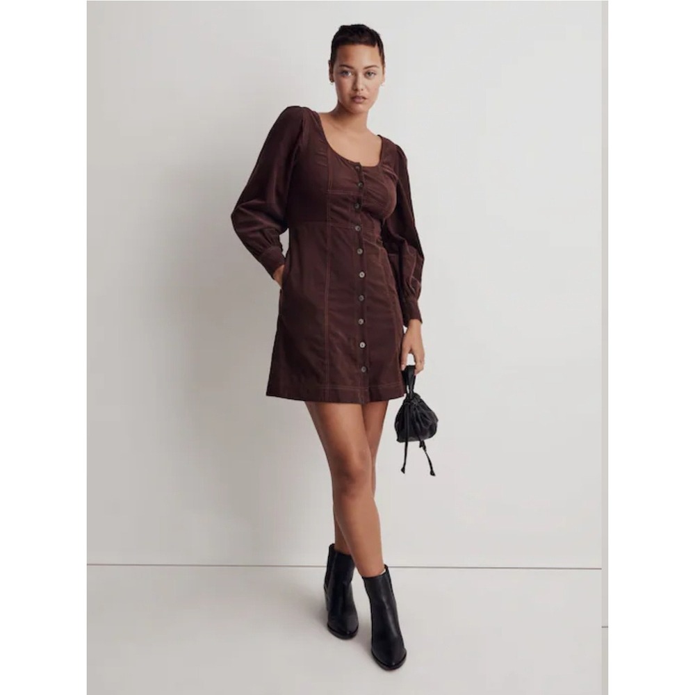 Madewell Corduroy Cottage Mini Dress Milkmaid Romantic Y2K Brown Square Neck 2